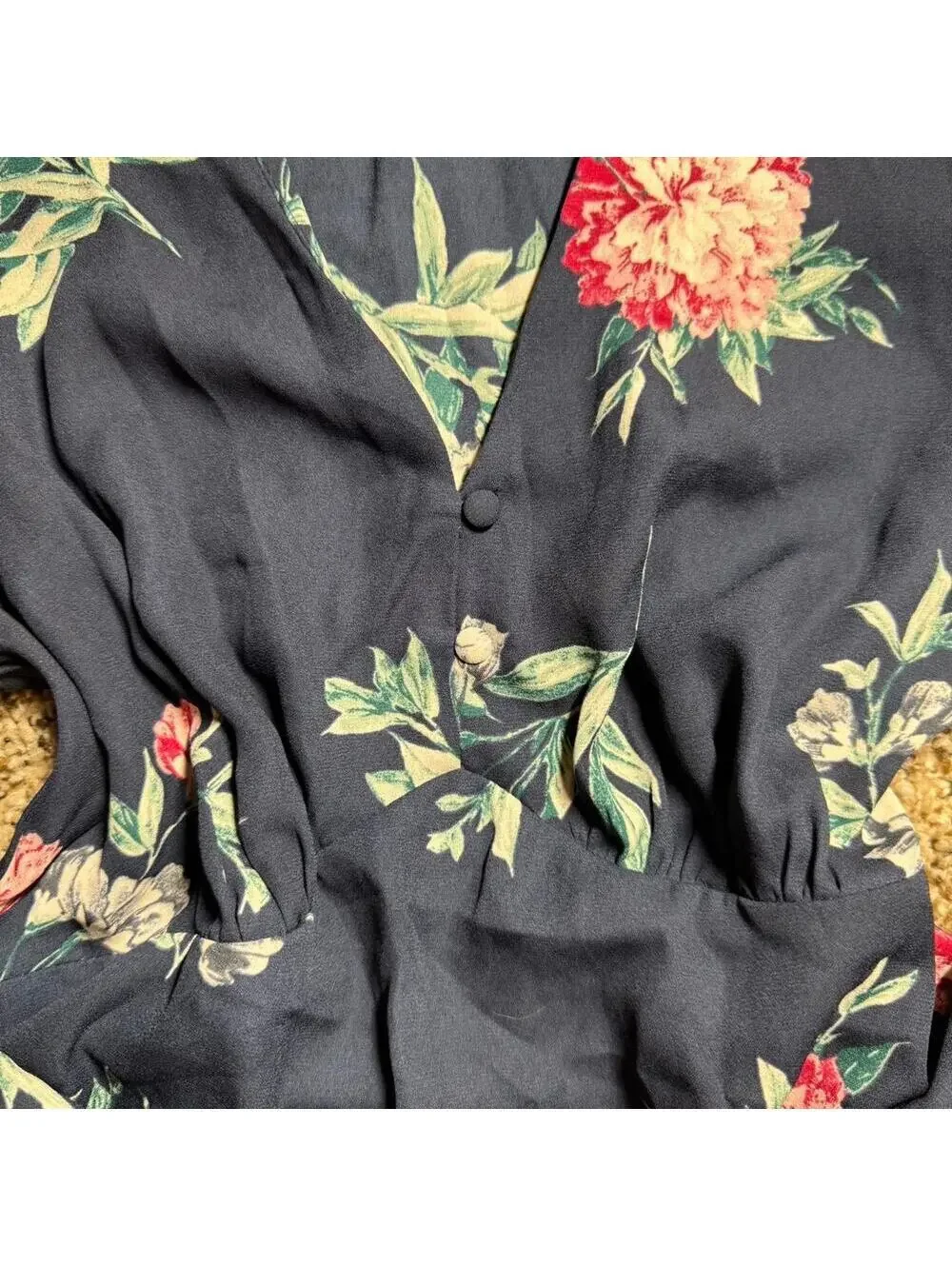 Banana Republic Blue Floral Puff Sleeve V-neck Workwear Cinched Blouse Size XS